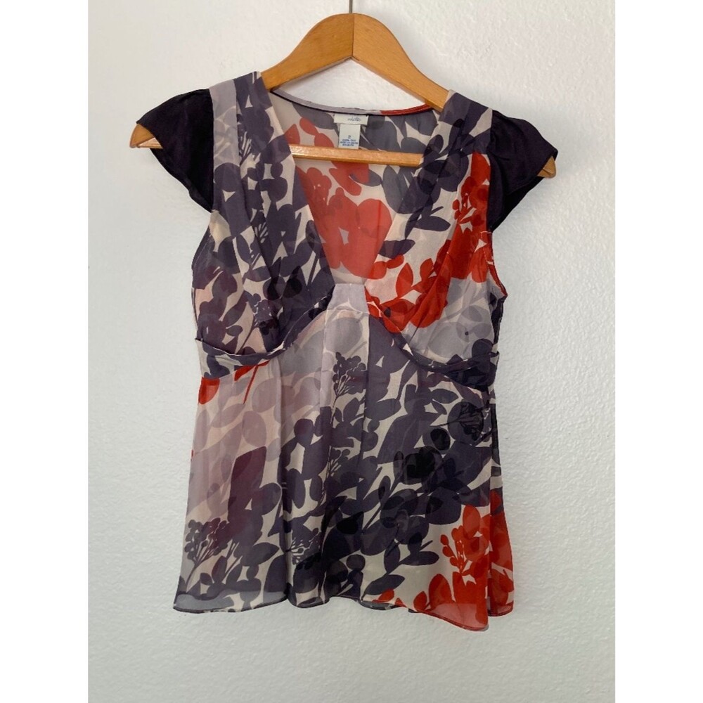 Anthropologie Odille 100% Silk Top Babydoll Peplum Sheer Floral Velvet sz 2